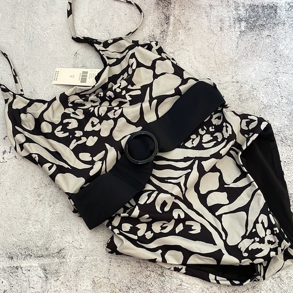 Nwt Anthropologie Julia Belted one piece Swimsuit black cream animal print Small - Picture 6 of 9